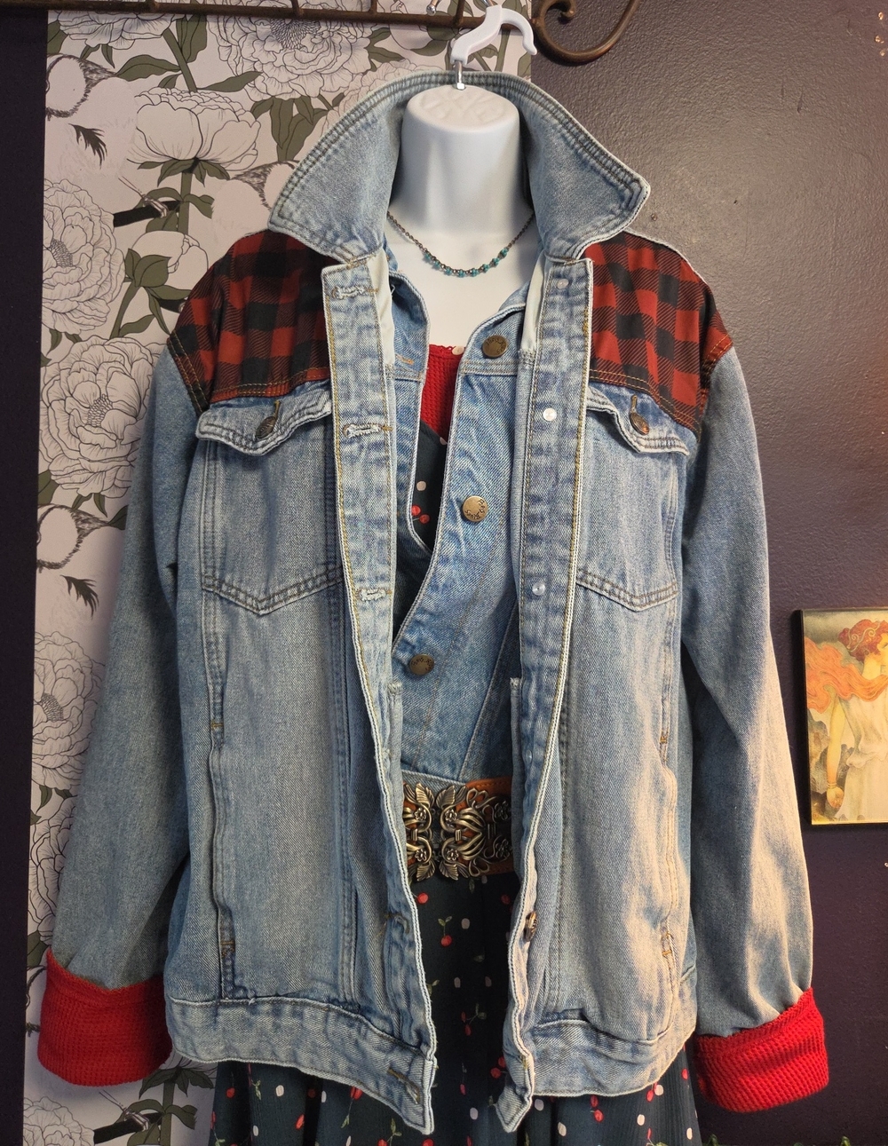 Crazy Train Light Wash Denim Jacket with Red Plaid Yoke Accents